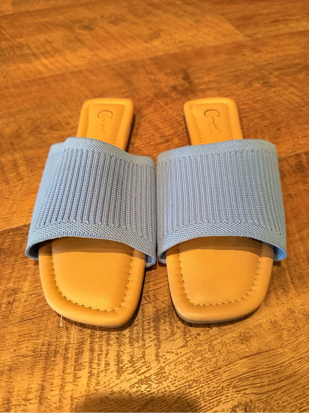 Light Blue Ribbed Slide Sandals with Tan Footbed - Women